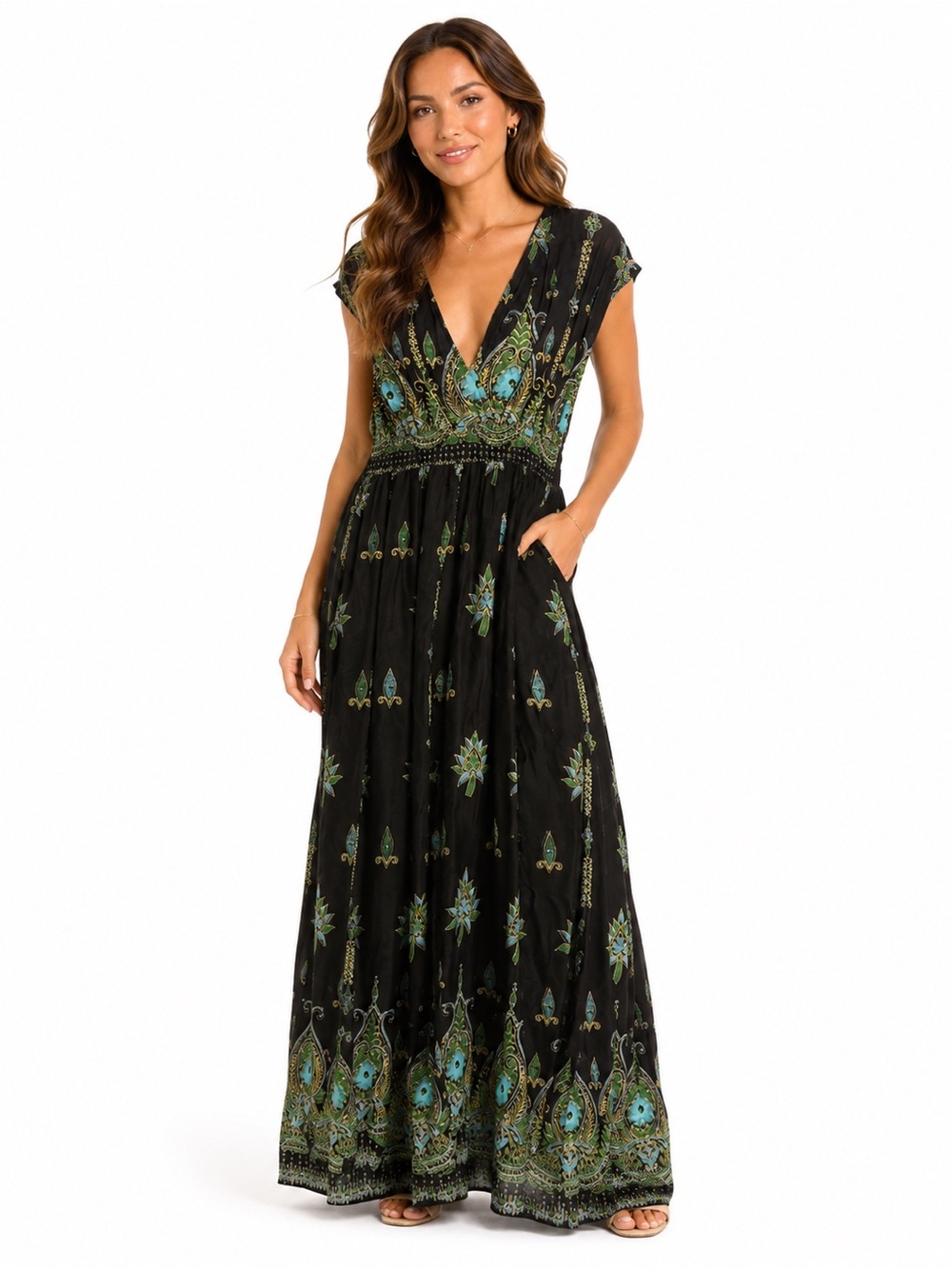 Lapogee Black Maxi Dress with Green & Tea design - V-Neck Boho Maxi